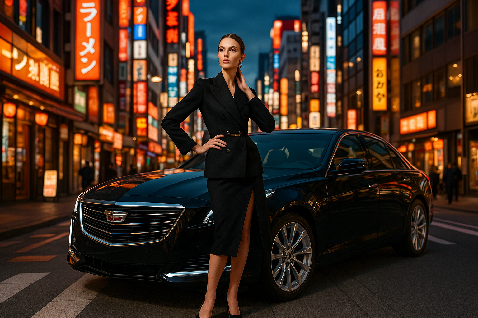 beautiful woman standing with a cadilac at tokyo street
