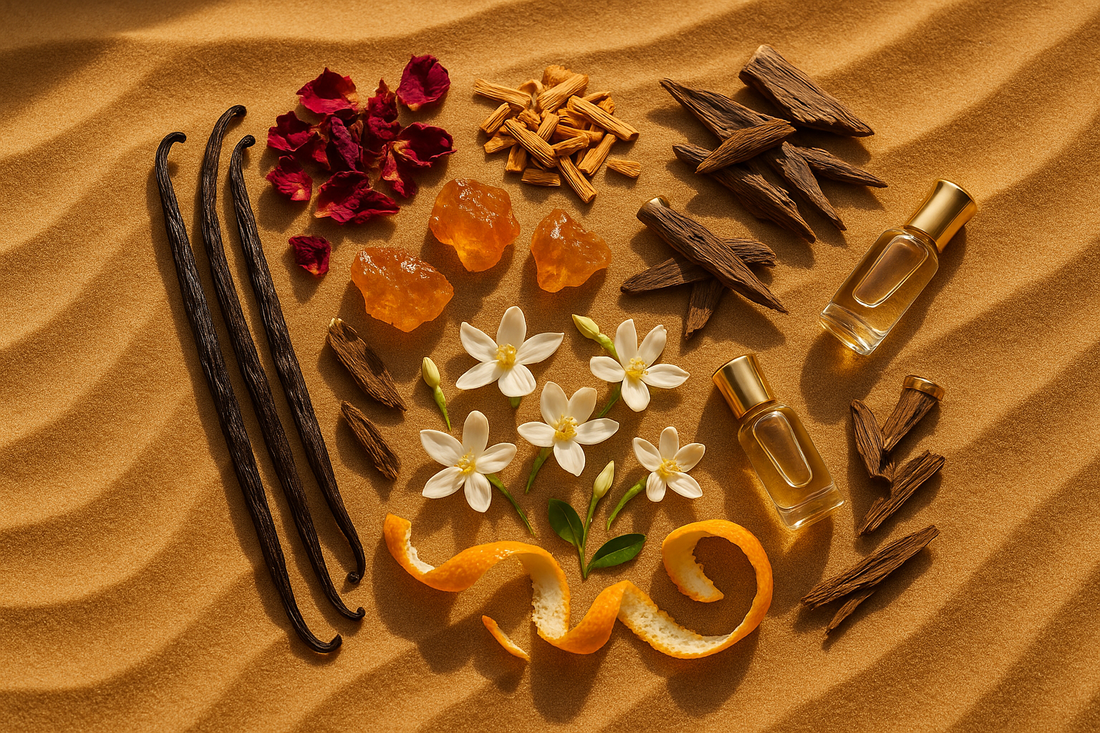 PERFUME ingredients lying on desert sand 