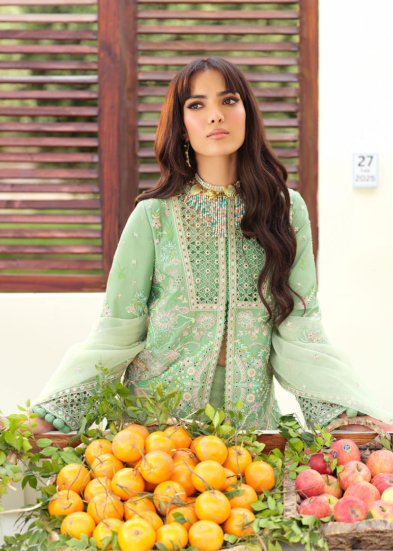 Woman in a light green embroidered outfit standing behind a table with fruits and vegetables.