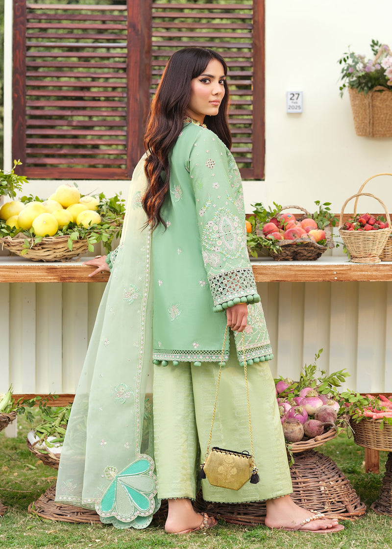 Woman in a light green traditional outfit standing outdoors with fruit display in the background