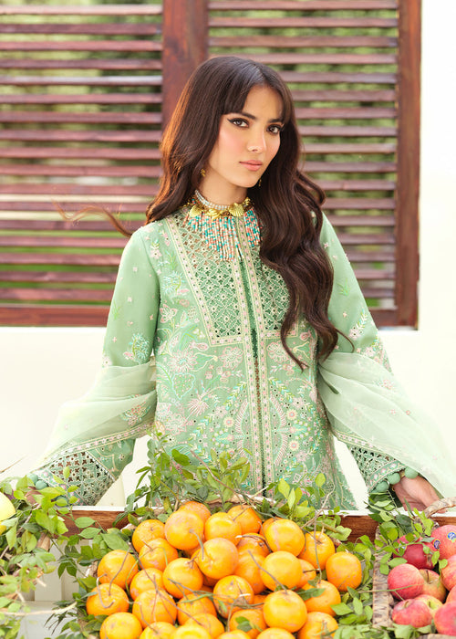 Woman in a light green embroidered outfit standing behind a display of fruits and vegetables.