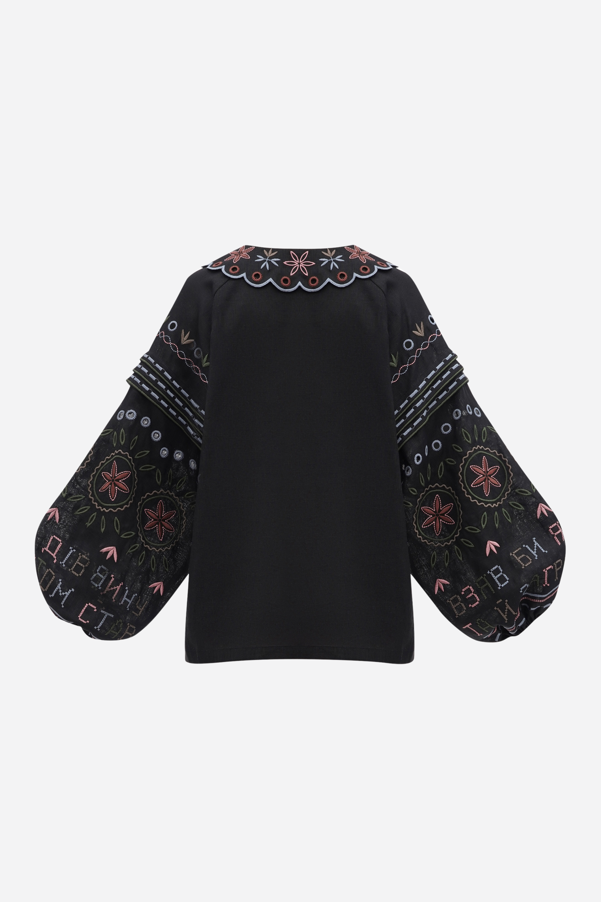 Black blouse with intricate embroidery on a white background