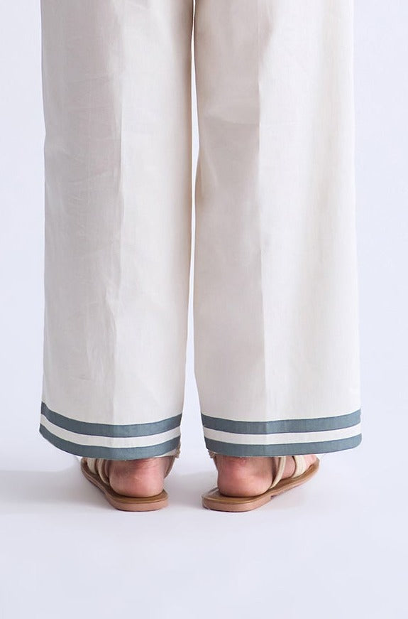 White pants with blue stripes worn by a person on a white background
