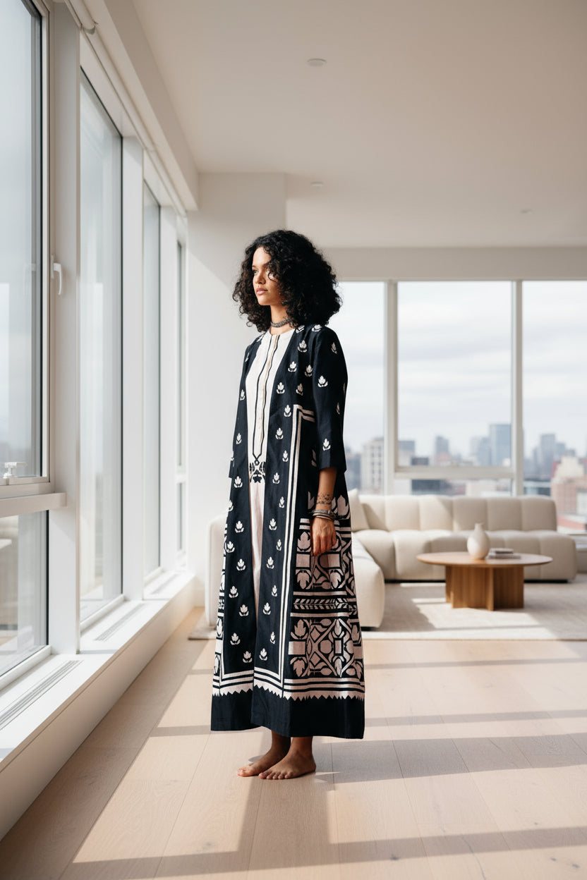 Woman wearing a long, dark blue dress with white patterns on a black background