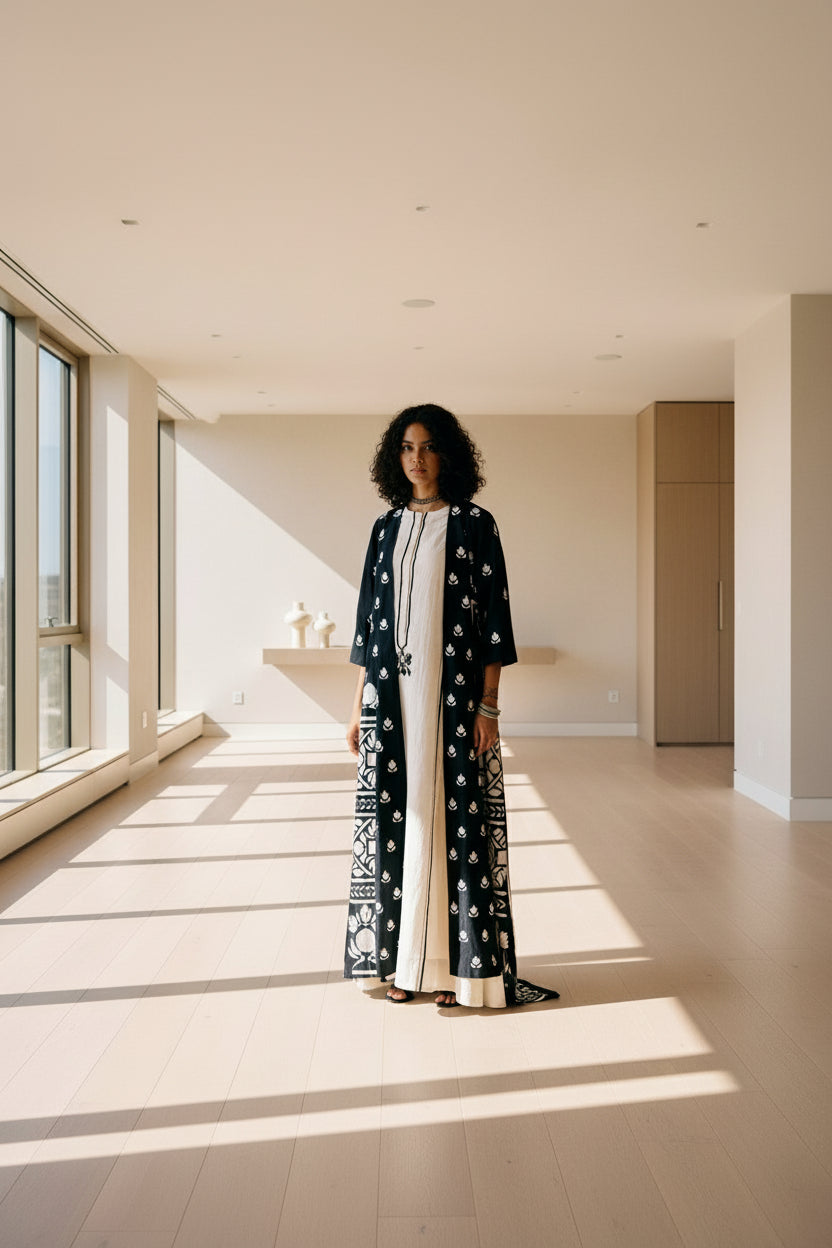 Woman wearing a black patterned outfit with a white top against a black background