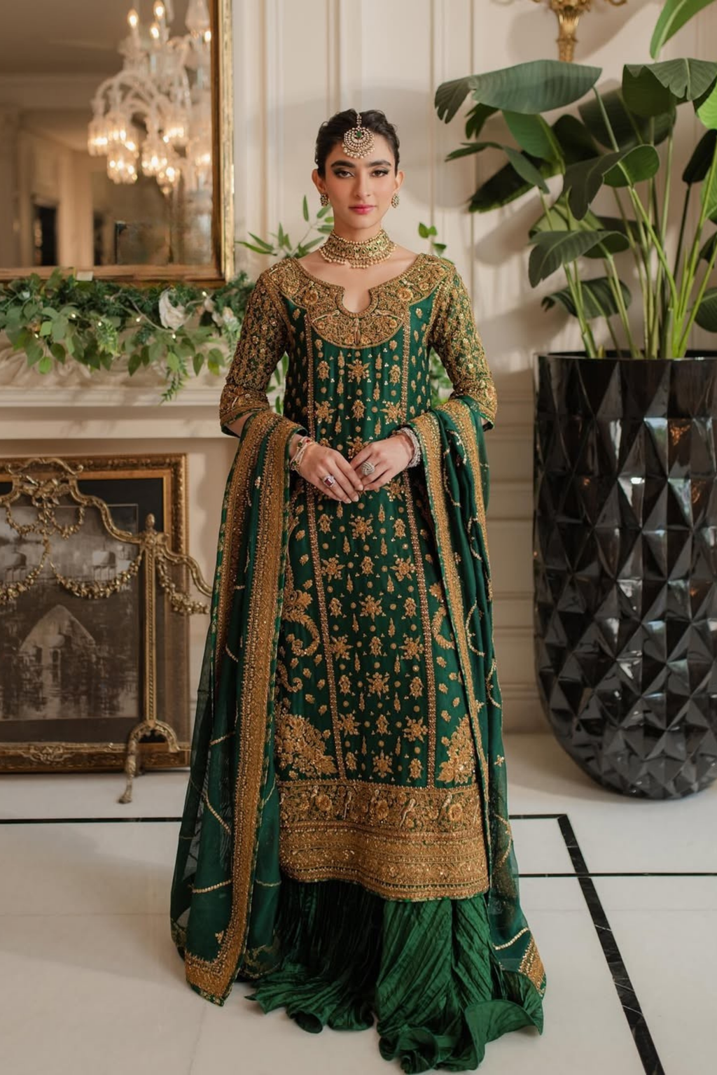 Woman in a green and gold traditional outfit standing in an elegant room with plants and decorative items.
