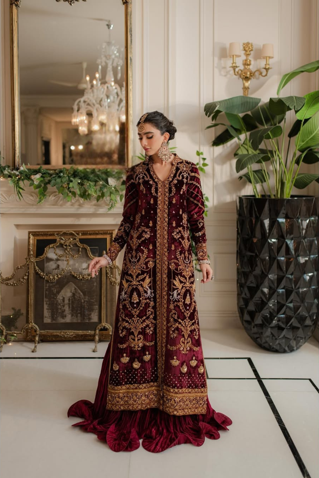 Woman in an ornate red and gold dress standing in a stylish room with decorative elements.