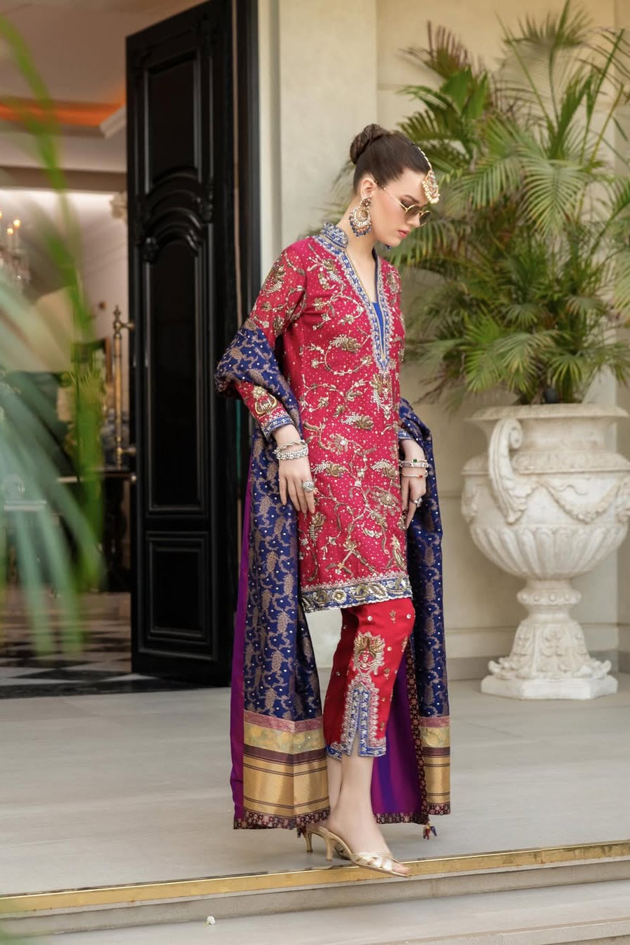 gorgeous WOMEN WEARING TRADITIONAL raspberry pink and indigo outfit_handwork EMBROIDERY 