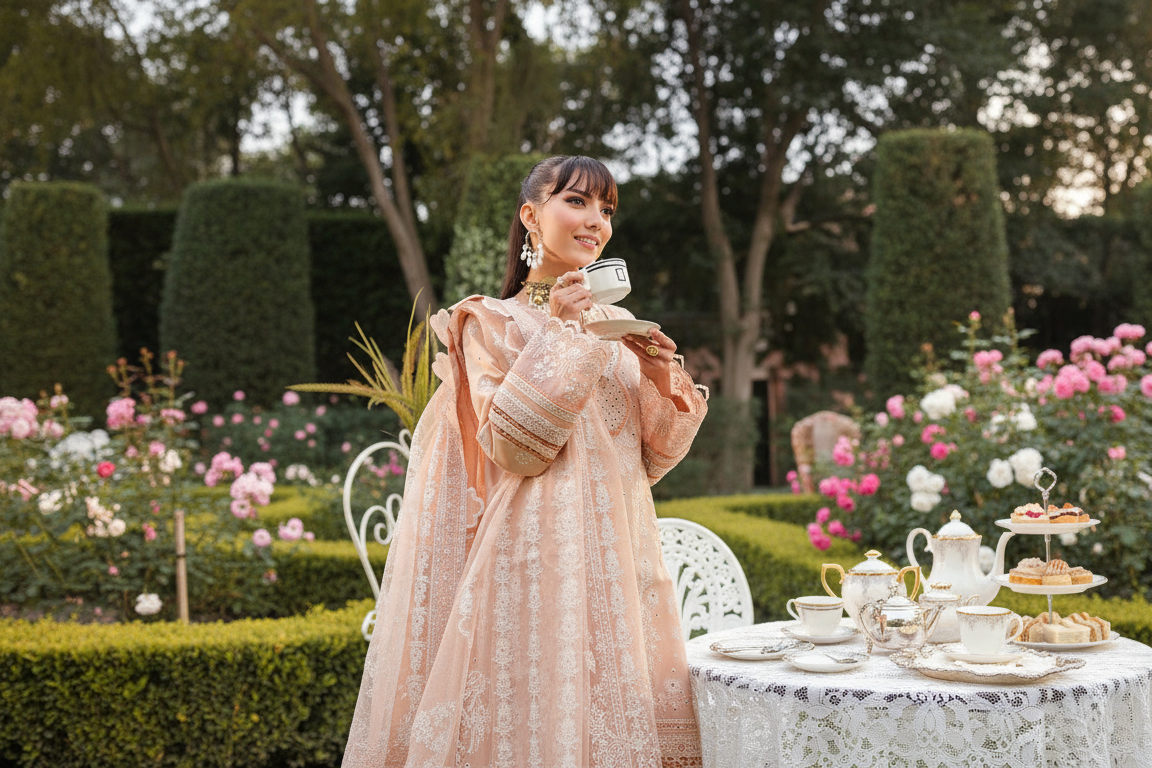 beautiful women wearing beige embroidered luxury lawn by ayra women fashion store in enjoying her tea 