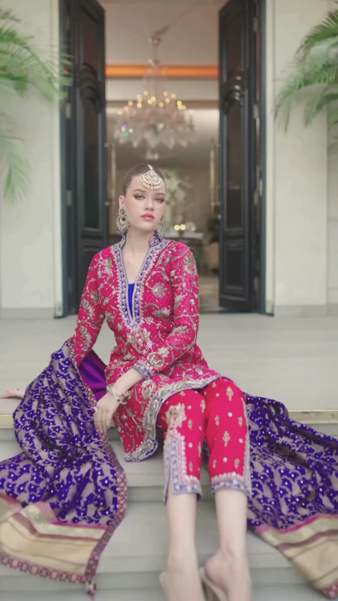 gorgeous WOMEN WEARING TRADITIONAL raspberry pink and indigo outfit_handwork EMBROIDERY 